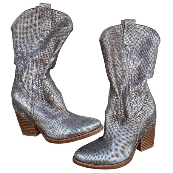 Barracuda Metallic Leather Western Boot sz 37 Block Heel Mid Calf Glam Festival - Picture 1 of 10
